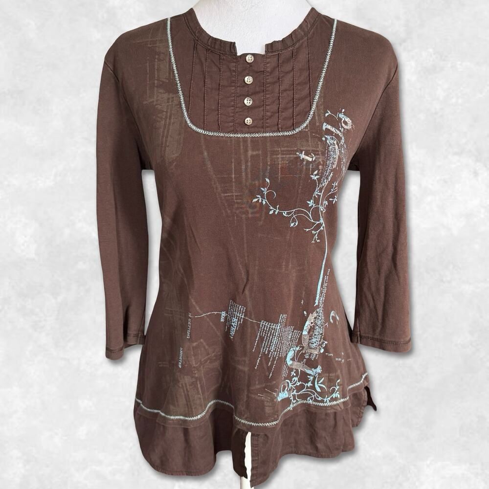 Y2K Euro Subversive Blue and Brown Layered Button Top Size L